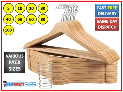WOODEN COAT HANGERS SUIT GARMENTS CLOTHES WOOD HANGER STRONG TROUSER BAR SET 341 - Image 1 of 4