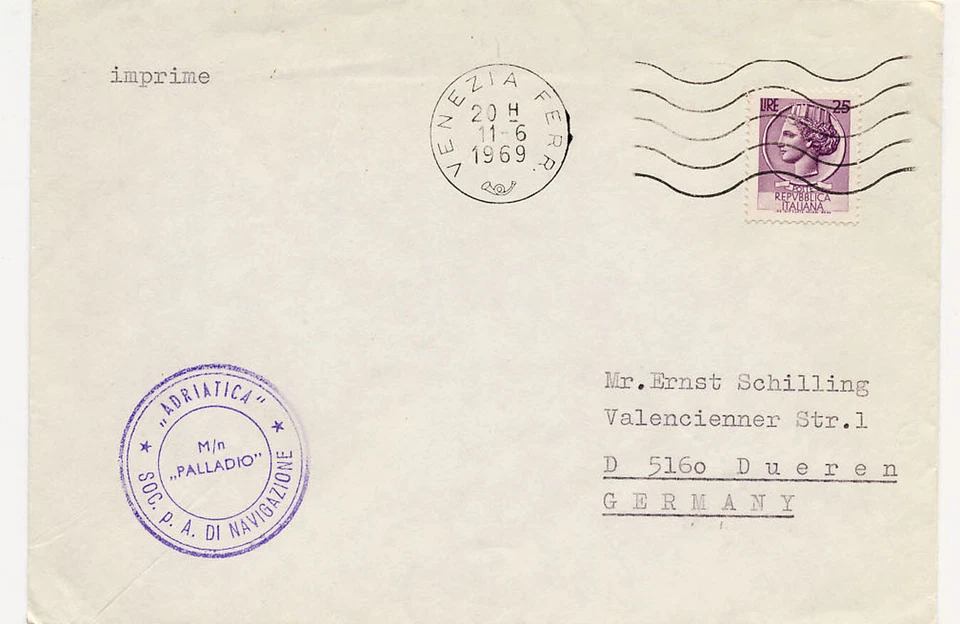 Italy 1969 Paquebot Seapost Ship Event Cover M/N Palladio Venezia Ferr to German - Image 1 of 1