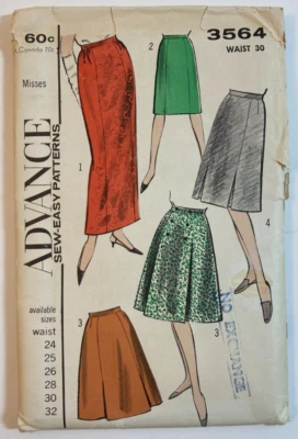 1965 Advance Pattern 3564 5 Skirt Options Sz: 18 W30 H40 Uncut FF - Image 1 of 3