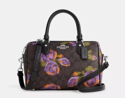 Cartera Coach Rowan nueva con etiquetas en cuero exclusivo con estampado de rosas CL465 marrón/púrpura Foto 1 de 4