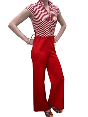 Vtg 70s Sz XS~S Jumpsuit Flare Pants Red Stripe Drawstring Waist One Pc Pantsuit - Image 1 of 4