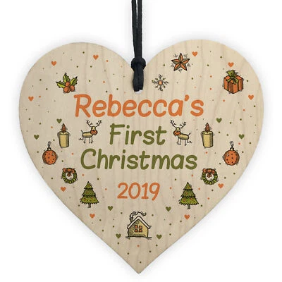 Personalised 1st Christmas Decoration Babys First Christmas Gift Tree Wood Heart - Image 1 of 4