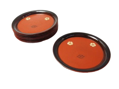 Japanese antique vintage red lacquer wood individual plate set chacha - Image 1 of 4