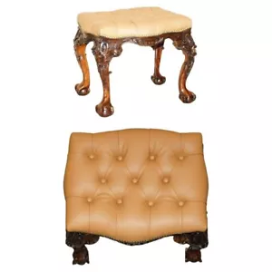 RESTORED BROWN LEATHER CLAW & BALL CHESTERFIELD PIANO OR DRESSING TABLE STOOL - Picture 1 of 16
