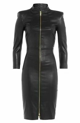 Vestido de cuero negro auténtico de lujo para mujer de piel de cordero suave genuina para dama Foto 1 de 4