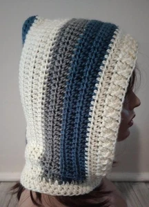 crochet handmade womans hood hat cowl scoodie blue cream gray USA - Picture 1 of 5