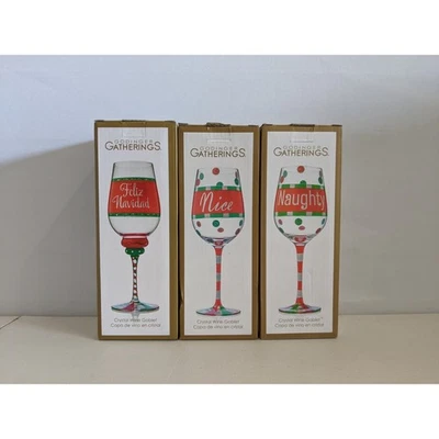 Juego de 3 copas de vino de cristal Godinger Gatherings Naughty Bonitas Feliz Navidad Foto 1 de 3