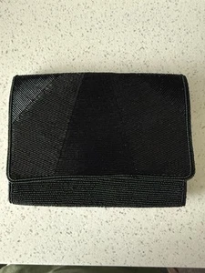 Black Beaded Mid Century Satin Lined Clutch Purse With Mirror - Picture 1 of 7