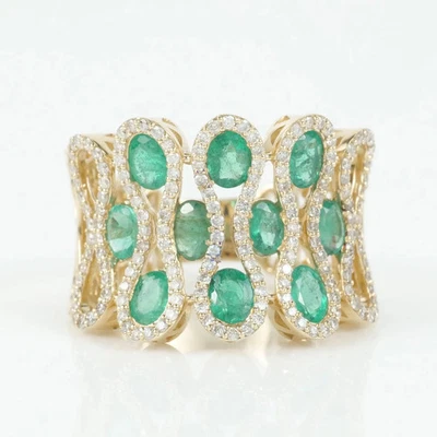 Anillo de diamantes esmeralda natural de 0,89 quilates de oro de 14 quilates anillo ancho banda de cóctel Foto 1 de 4