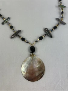 Beaded Necklace With Shell Pendant 24” Black Gold Metallic Colors - Picture 1 of 7