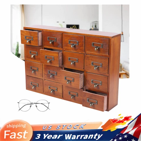 16 Drawers Apothecary Medicine Wood Cabinet Label Holder Card Catalog Organizer Cover