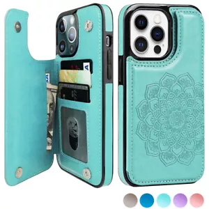 Leather Wallet Magnetic Card Slot Mandala Case For iPhone 11 12 13 14 15 16 - Picture 1 of 24