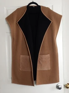Lafayette 148 Tan 98% Cashmere Cardigan Sweater Vest w/ Suede Leather Pockets OS - Picture 1 of 6