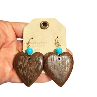 Anthropologie Women's Wood Heart Turquoise Hook Statement Earrings NWT MSRP $48 - Image 1 of 3
