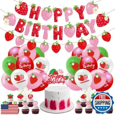 Strawberry Birthday Party Decoration Set with Balloons, Cake Toppers for Girl - Image 1 of 4