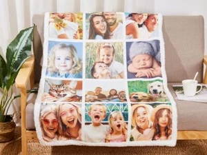 Personalized Family Blanket With Text, Custom Photo Picture Collage Blankets - Picture 1 of 6