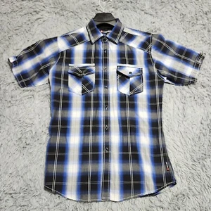 Airwalk Shirt Mens Medium Button Down Up Blue Gray Plaid Snap Pockets Skater - Picture 1 of 11