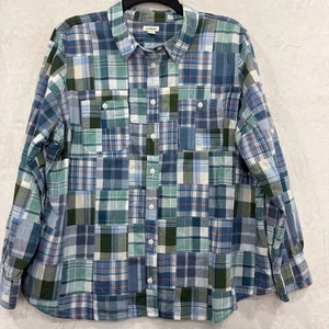 LL Bean Shirt Madras Plaid Patchwork Womens M Blue Roll Tab Country Outdoor MINT - Picture 1 of 12