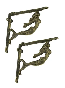 Juego de 2 soportes de estante de pared de sirena de natación de hierro fundido decoración costera, bronce - Imagen 1 de 3
