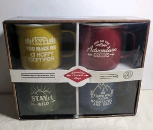 Camping Camper Adventure Ceramic Mugs 100% Stoneware Set of 4 Members Mark - Picture 1 of 9