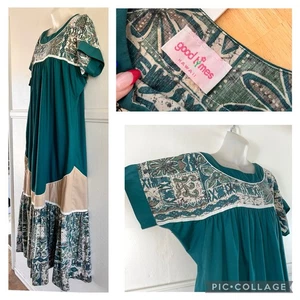 Vtg 80s GOOD TIMES Hawaii Muumuu Kaftan Maxi Dress Liberty House Floral Green XL - Picture 1 of 11
