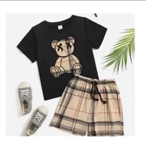 New 2pc Boys Bear Graphic Short Sleeve T-Shirt & Plaid Shorts. Size 5T - Picture 1 of 2