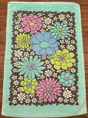 Vintage Fieldcrest Hand Towel 60s 70s Retro Flower Power Blue Green Purple - Image 1 of 4