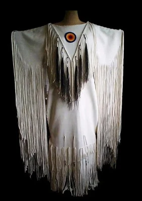 Women Native American Buckskin Leather Long Wedding Dress Pow-Wow White Dress - Image 1 of 2