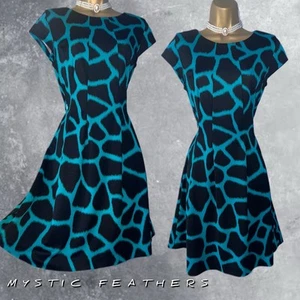 MICHAEL KORS Teal Black Giraffe Print Fit & Flare Short Dress Size 8 US UK 10/12 - Picture 1 of 16