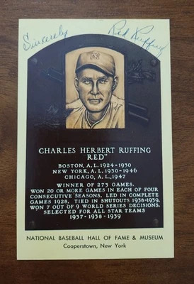 JSA RED RUFFING SIGNED AUTO GOLD HOF PLAQUE POSTCARD NEW YORK YANKEES  - Image 1 of 2