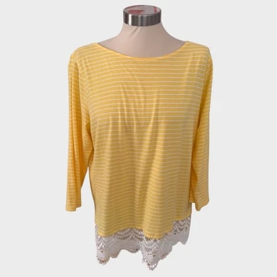 St. John's Bay XL Yellow Stripe 3/4 Sleeve Lace Hem Top Cotton Modal - Image 1 of 4