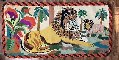 Alfombra Antigua Enganchada Leones Tropical Años 40 Federalsburg Md Arte Popular Firmada Ross Foto 1 de 4