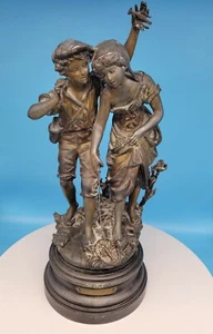 VTG MCM Bronze Girl & Boy Catching Crawfish Crawdads Statue Signed Buissonniere - Picture 1 of 12