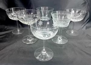 6 Antique & Vintage Cut Glass Champagne Glasses Coupes Saucers - Picture 1 of 9