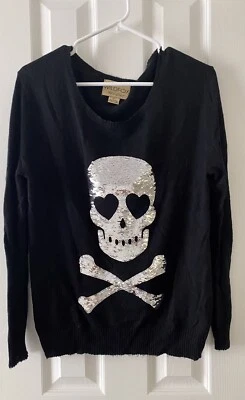 Wildfox 白色标签银色亮片头骨黑色毛衣,尺寸 XS — 第 1/4 张图片