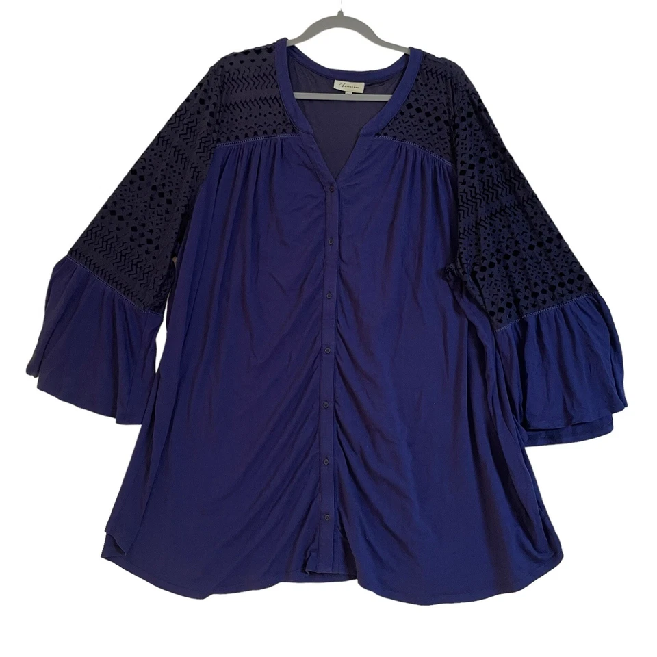 Autograph Womens Top Plus Size 26 Blue V Neck Bell Sleeves Button Up Cut Out - image 1 of 4
