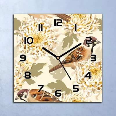 Horloge Murale En Verre moderne Or oiseaux fleurs 30x30 - Photo 1/4