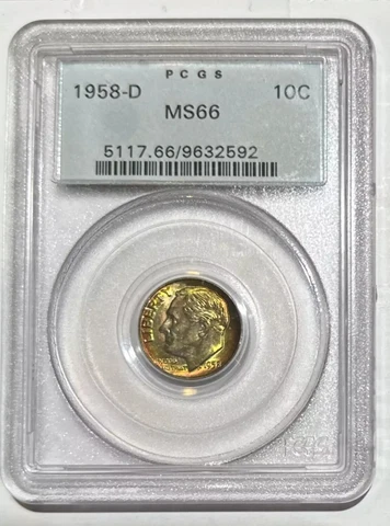 1958 D Dimes Roosevelt PCGS MS-66 Rainbow Toning Cover