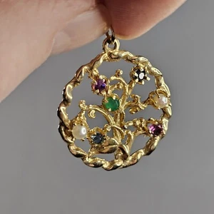 Jeweled Family Tree Vintage Charm Pendant 14K Gold 1970's 6.4 Grams Beautiful - Picture 1 of 8