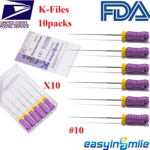 Paquete de 10 archivos dentales K uso manual endodóntico conducto raíz archivos K acero inoxidable 25 mm #10 - Imagen 1 de 6