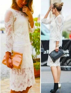 ZARA Vintage Lace Midi Dress Ivory Cream Floral Embroidered tulle RRP €70 XS - Picture 1 of 13