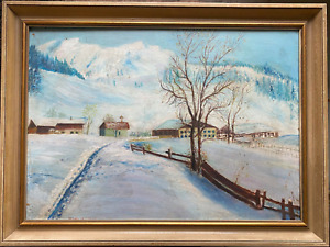 Oil Painting Monogr.sch. 1932 Winter IN The Mountains at Edge of Village With