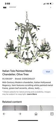 Italian Tole Painted Metal Chandelier Olive Tree - Image 1 of 4