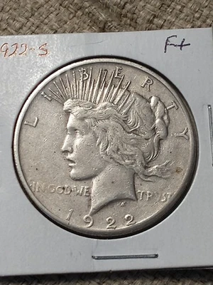 1922-S Peace Silver Dollar, F+ Condition, 77% of an Ounce of Silver - Image 1 of 2
