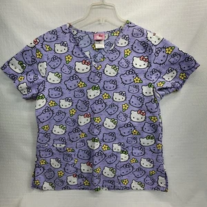 Hello Kitty V Neck Nursing Scrubs Top Woman's Sz M Pocket All Over Print Sanrio - Picture 1 of 9