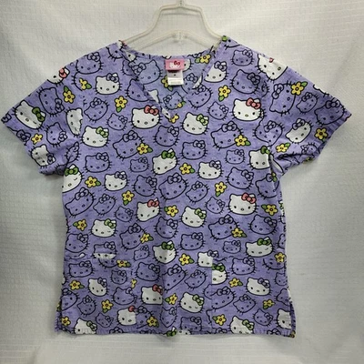 Hello Kitty V Neck Nursing Scrubs Top Woman's Sz M Pocket All Over Print Sanrio - Image 1 of 4