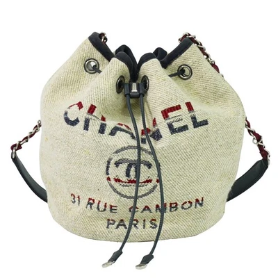 Bolso de hombro Chanel Deauville CC de lona con cadena beige plateado Foto 1 de 4