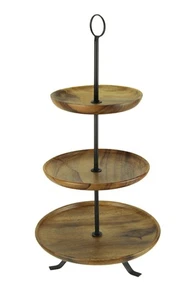 Zeckos Rustic Round Wood Standing 3 Tiered Serving Tray - Picture 1 of 4