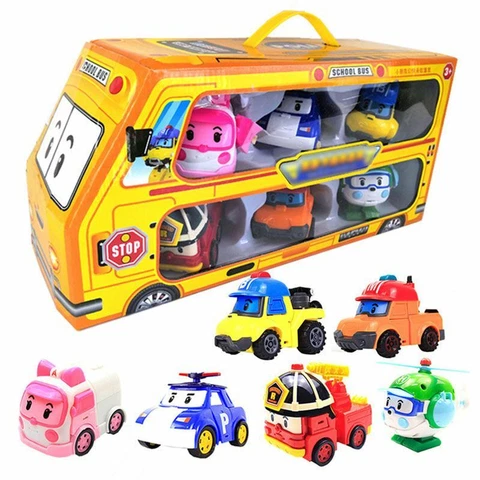 New 6pcs Robocar Poli Roy Amber Transformed Robot Action Figure Car Bus Toy Gift Cover
