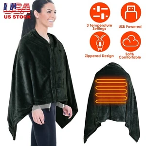 USB Powered Heated Blanket Electric Throw 3 Temperature Heat Therapy Shawl Black - Picture 1 of 16